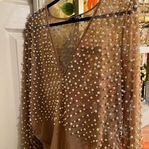 Fashion Nova Brown Pearl Embellished Bodysuit